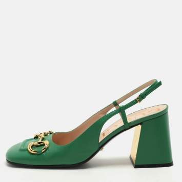 Pre Owned Gucci Green Leather Horsebit Square Toe Slingback Pumps Size 40.5
