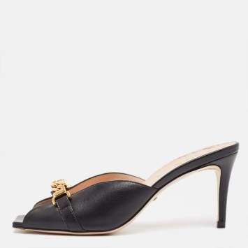Pre Owned Gucci Black Leather Sylvie Chain Detail Mules Size 37