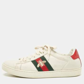Pre Owned Gucci White Leather Embroidered Bee Ace Sneakers Size 37