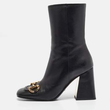 Pre Owned Gucci Black Leather Horsebit Mid Calf Boots Size 38