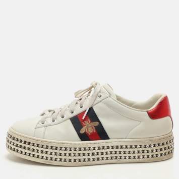 Pre Owned Gucci White Leather And Bee Web Detail New Ace Crystal Embellished Platform Sneakers Size 37