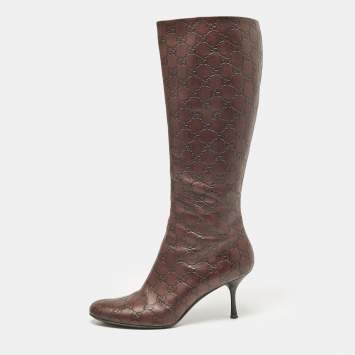 Pre Owned Gucci Burgundy Leather GG Knee Length Boots Size 40.5