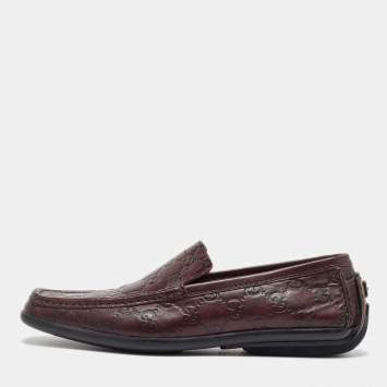Pre Owned Gucci Dark Brown Leather Guccissima Slip on Loafers Size 38