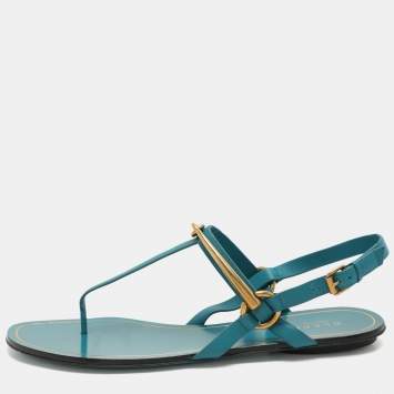 Gucci Deep Cobalt Leather Thong Ankle Strap Flat Sandals Size 40