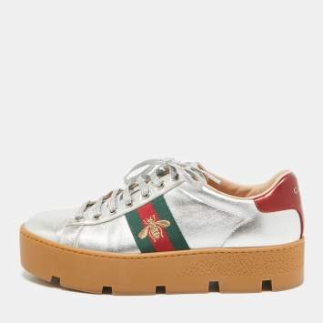 Pre Owned Gucci Silver Leather Bee Embroidered Ace Platform Sneakers Size 38
