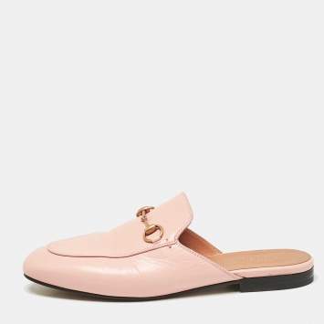 Pre Owned Gucci Pink Leather Princetown Horsebit Flat Mules Size 39
