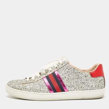 Pre Owned Gucci Silver Glitter Ace Web Low Top Sneakers Size 38.5