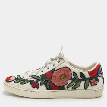 Pre Owned Gucci White Leather Ace Floral-Embroidered Web Low Top Sneakers Size 36