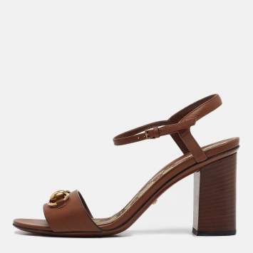 Pre Owned Gucci Brown Leather Horsebit Ankle Strap Sandals Size 37.5