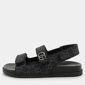 Pre Owned Gucci Black GG Denim and Leather Double G Flat Sandals Size 39