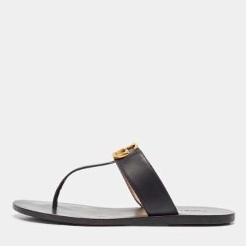 Pre Owned Gucci Black Leather GG Marmont Thong Flat Sandals Size 37