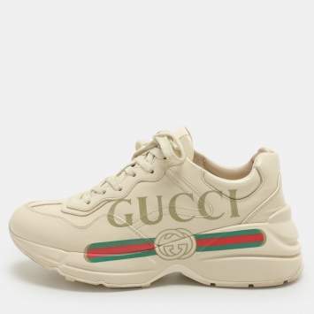 Pre Owned Gucci Cream Leather Rhyton Lace Up Sneakers Size 37.5