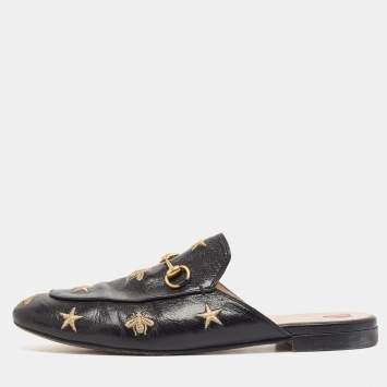Pre Owned Gucci Black Leather  Bee And Star Embroidered Princetown Mules Size 41
