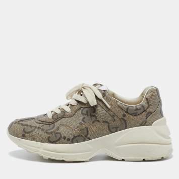 Pre Owned Gucci Beige Canvas Rhyton Lace Up Sneakers Size 38