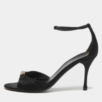 Pre Owned Gucci Black Satin Crystal Embellished Ankle Strap Sandals Size 38