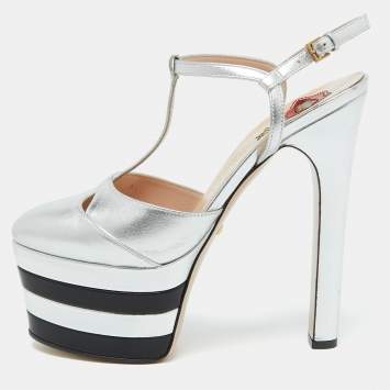 Pre Owned Gucci Silver Leather Angel T-Strap Platform Sandals Size 37