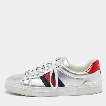 Pre Owned Gucci Silver Leather Web Ace Sneakers Size 37.5