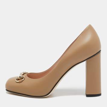 Pre Owned Gucci Beige Leather Horsebit Block Heel Pumps Size 39