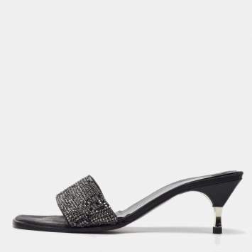Pre Owned Gucci Black Fabric Crystal Embellished Slide Sandals Size 38.5