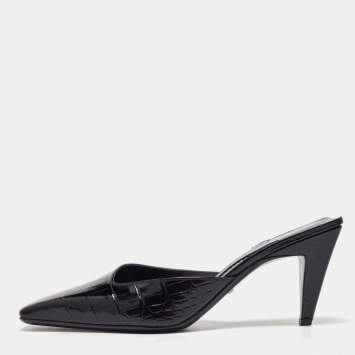 Gucci Black Croc Embossed Leather Mock Mules Size 38