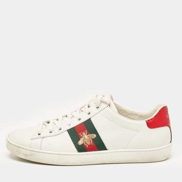 Pre Owned Gucci White Leather Bee Embroidered Web Ace Low Top Sneakers Size 37