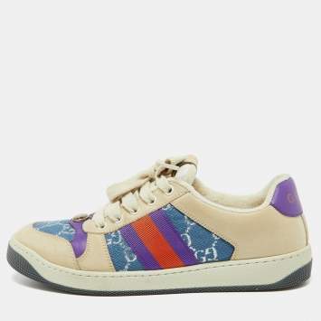 Pre Owned Gucci Beige Leather and GG Fabric CC Screener Sneakers Size 38.5