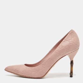 Pre Owned  Gucci Pale Pink Guccissima Leather Kristen Bamboo Heel Pointed Toe Pumps Size 38