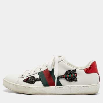 Pre Owned Gucci White Leather Arrow Ace Low Top Sneakers Size 35