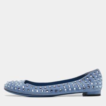 Pre Owned Gucci Blue Suede Crystal Studded Suede Ballet Flats Size 38
