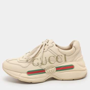 Pre Owned Gucci Cream Leather Rhyton Vintage Gucci Logo Sneakers Size 36.5