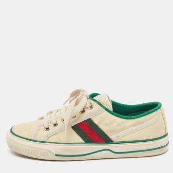 Pre Owned Gucci Cream/Green Canvas Tennis 1977 Lace Up Sneakers Size 36