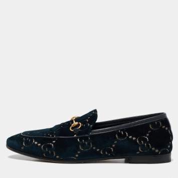 Pre Owned Gucci Navy Blue GG Velvet Jordaan Loafers Size 37.5