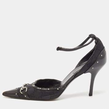 Pre Owned Gucci Black GG Canvas and Leather Studded Horsebit Ankle Strap Pumps Size 37.5