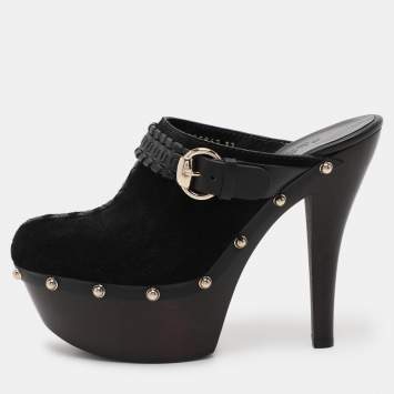 Pre Owned Gucci Black Leather and Suede Janis Clogs Size 37