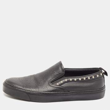 Pre Owned Gucci Black Leather Guccissima Slip On Sneakers Size 37