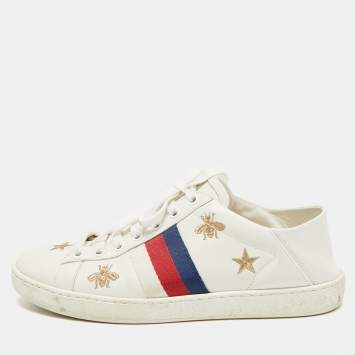 Pre Owned Gucci White Leather Star and Bee Embroidered Ace Sneakers Size 36
