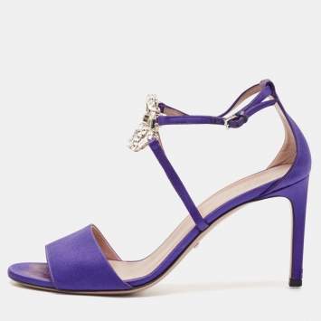 Pre Owned Gucci Purple Satin Crystal Embellished Interlocking G Ankle Strap Sandals Size 38
