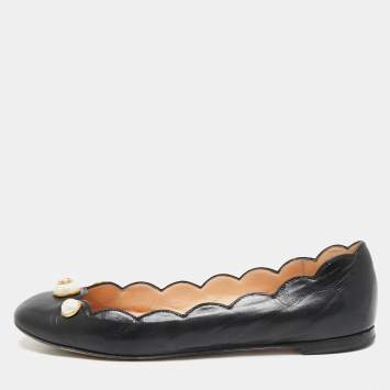 Pre Owned Gucci Black Scalloped Leather Interlocking G Faux Pearl Ballet Flats Size 37.5