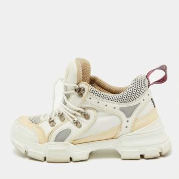 Pre Owned Gucci White/Cream Mesh and Leather Logo Flashtrek Sneakers Size 39