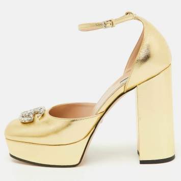 Pre Owned Gucci Gold Leather Double G Crystal Platform Block Heel Ankle Strap Sandals Size 39
