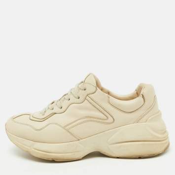 Pre Owned Gucci Cream Leather Rhyton Lace Up Sneakers Size 38