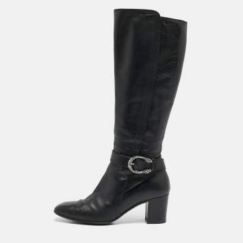 Pre Owned Gucci Black Leather Elizabeth Knee Length Boots Size 42