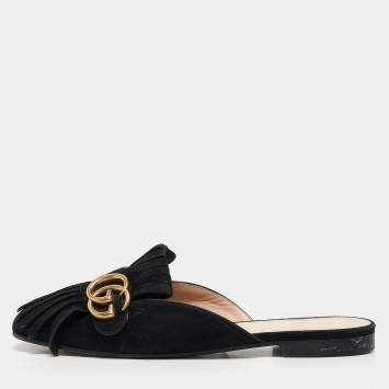 Pre Owned Gucci Black Suede GG Marmont Fringe Flat Mules Size 38.5