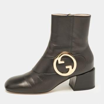 Pre Owned Gucci Black Leather GG Blondie Ankle Boots Size 38