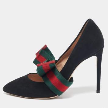 Pre Owned Gucci Black Suede and Stretch Web Mary Jane Sylvie Pumps Size 39