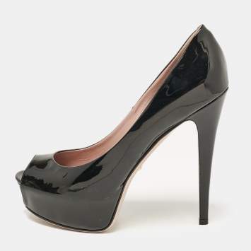 Pre Owned Gucci Black Patent Leather Peep Toe Pumps Size 38