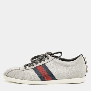 Pre Owned Gucci Silver Glitter Web Bambi Sneakers Size 38.5