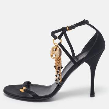 Pre Owned Gucci Black Satin Embellished Ankle Strap Sandals Size 40