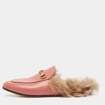 Pre Owned Gucci Pink Leather and Fur Princetown Mules Size 38.5