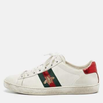 Pre Owned Gucci White Leather and Sneak Embossed Leather Ace Low Top Sneakers Size 38